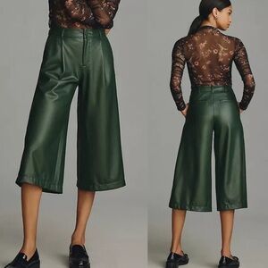 Anthropologie Wide Leg Crop Capri Pants Culottes Faux Vegan Leather Green Size 8